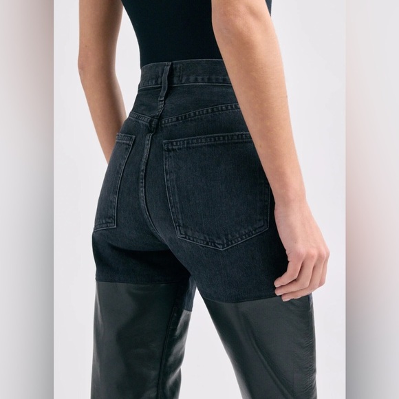 AGOLDE Woman's Black Pieced 90s Pinch Waist Leather Jeans Size 24 - Picture 5 of 9